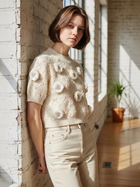 Unbranded Tops - Women Crop Top Knit 3D Lace Flower Pearl Appliques Ivory SZ PS Crew Neck Stretch